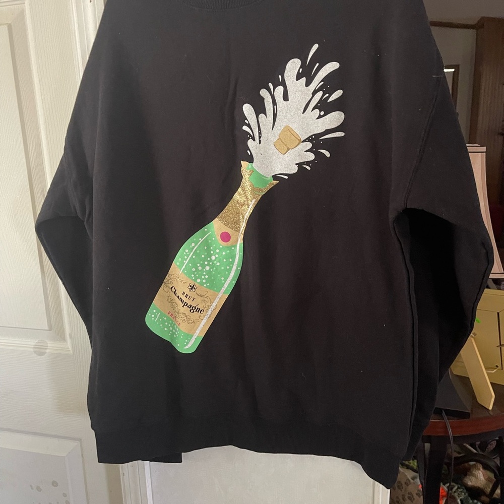Black Sweatshirt with Champagne Bottle Graphic